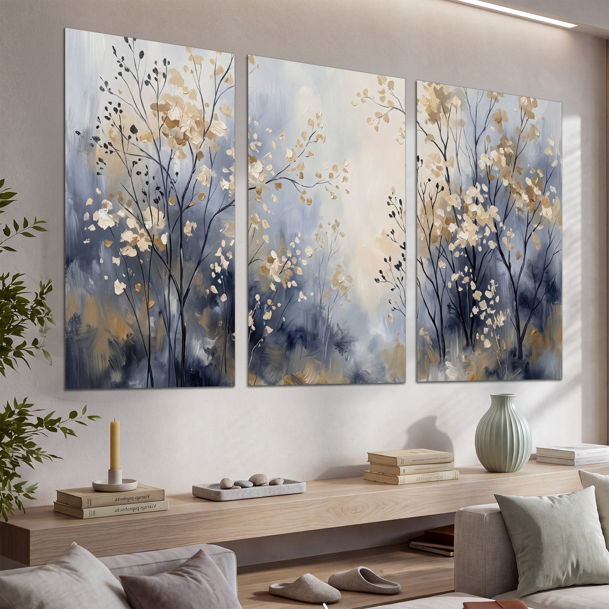 Delicate pale gold-colored branches against a deep blue misty background set of 3 poster prints displayed in a console
