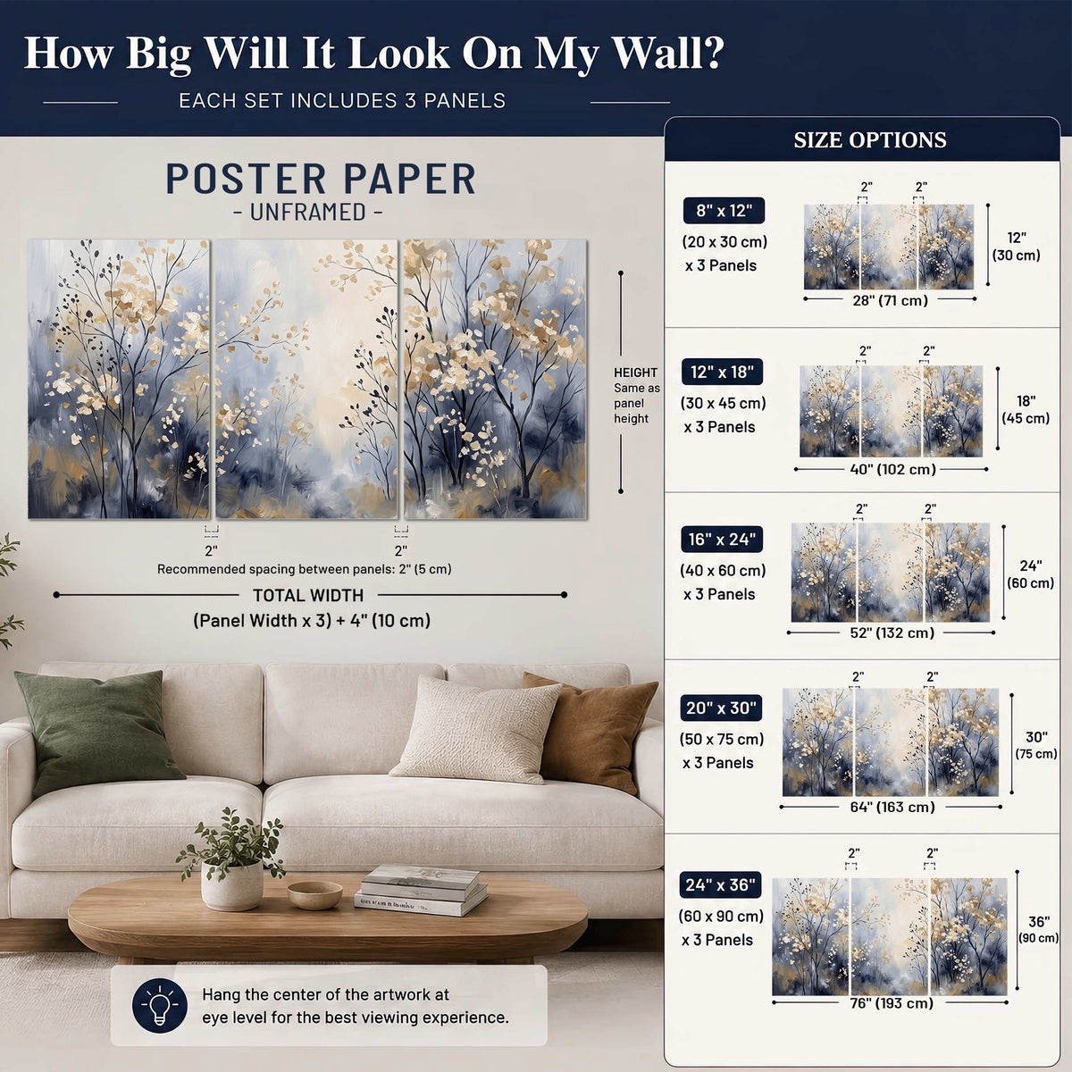 Delicate pale gold-colored branches against a deep blue misty background set of 3 poster prints size guide above a sofa; room view is illustrative