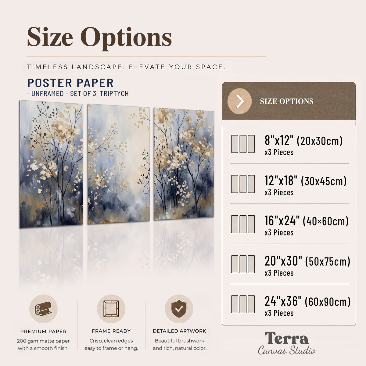 Delicate pale gold-colored branches against a deep blue misty background set of 3 poster prints available dimensions; triptych dimensions are per panel