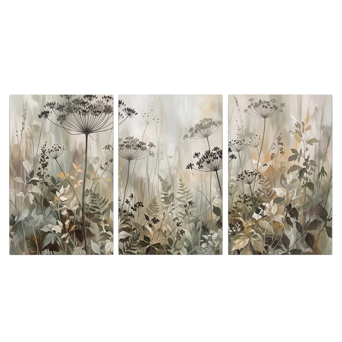 Fine wildflower seed heads and muted foliage in gray-green and cream 3 piece canvas wall art viewed straight on