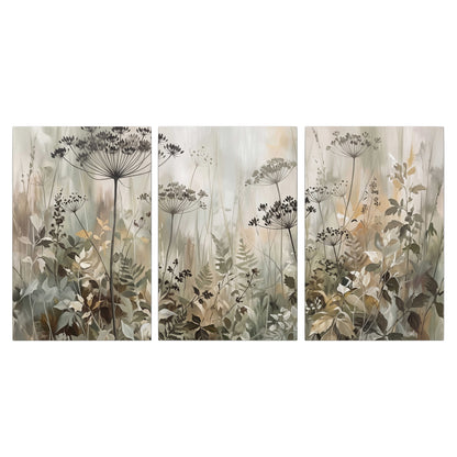 Fine wildflower seed heads and muted foliage in gray-green and cream 3 piece canvas wall art viewed straight on
