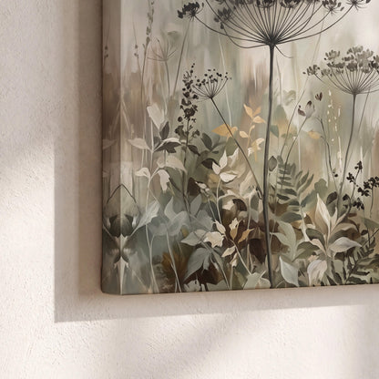 Fine wildflower seed heads and muted foliage in gray-green and cream 3 piece canvas wall art material and edge close up