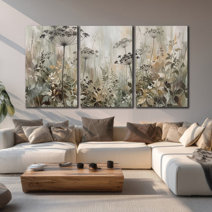 Fine wildflower seed heads and muted foliage in gray-green and cream 3 piece canvas wall art displayed in a living room