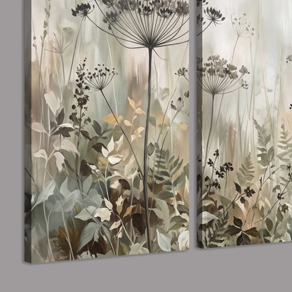 Fine wildflower seed heads and muted foliage in gray-green and cream 3 piece canvas wall art room and product view