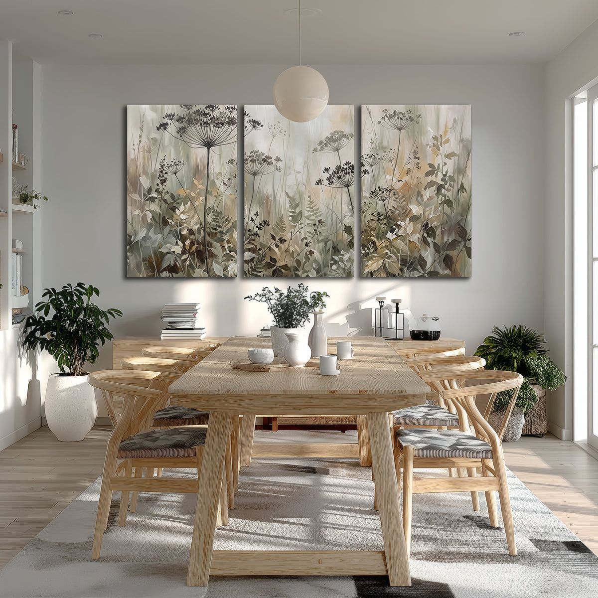 Fine wildflower seed heads and muted foliage in gray-green and cream 3 piece canvas wall art room and product view