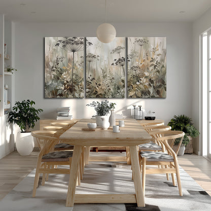 Fine wildflower seed heads and muted foliage in gray-green and cream 3 piece canvas wall art room and product view