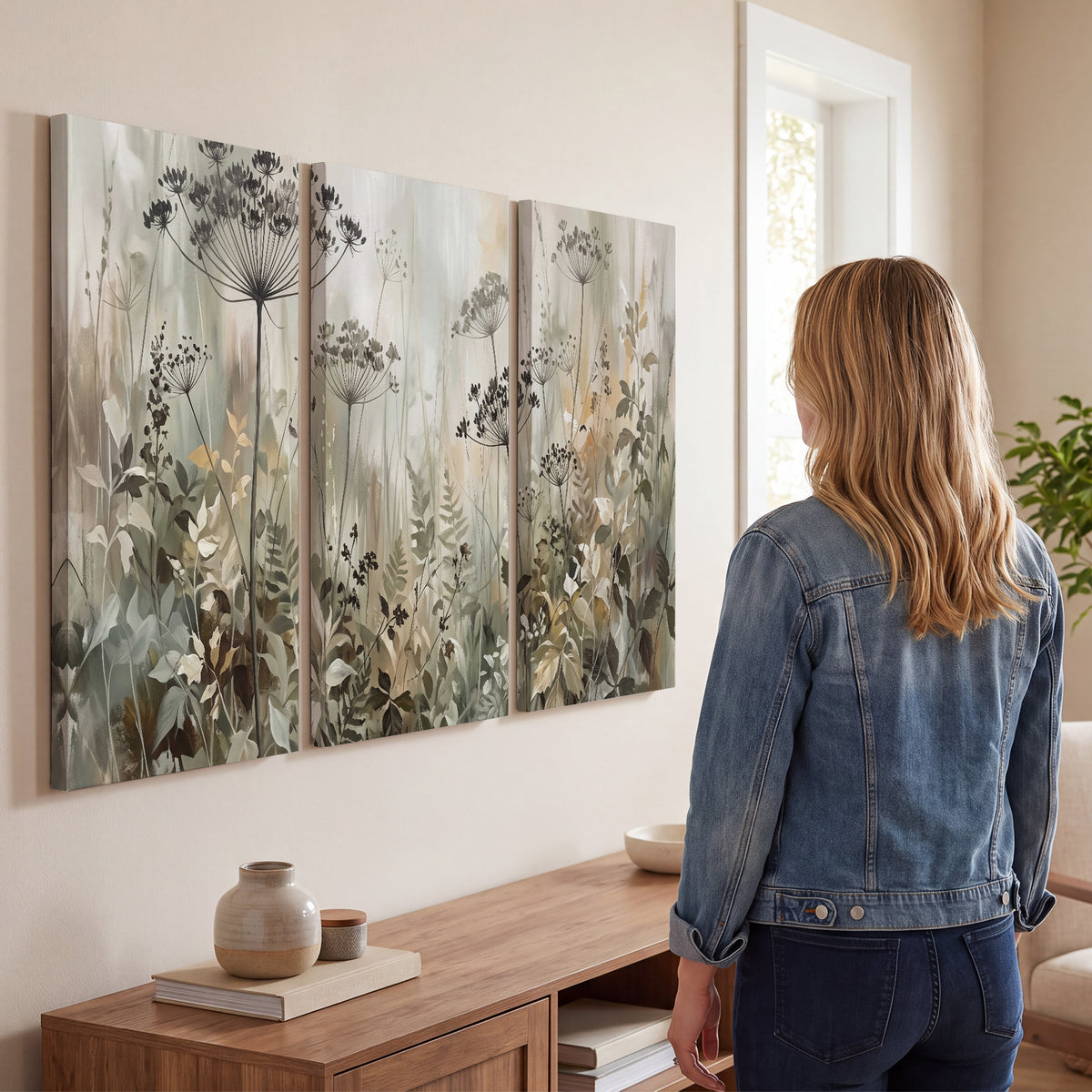 Fine wildflower seed heads and muted foliage in gray-green and cream 3 piece canvas wall art three panel arrangement on a wall