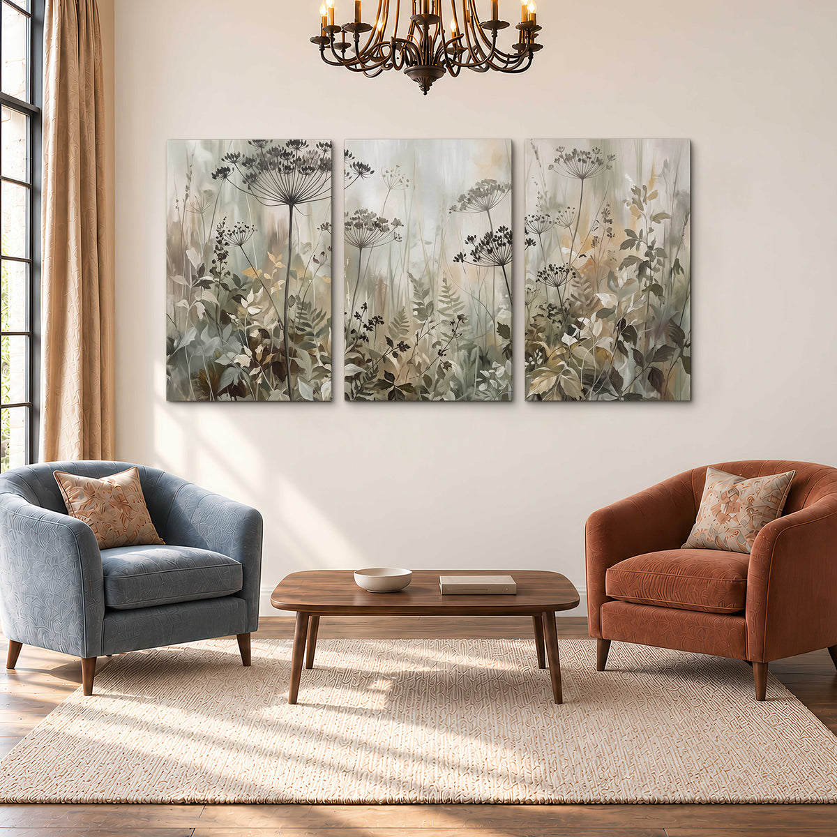 Fine wildflower seed heads and muted foliage in gray-green and cream 3 piece canvas wall art styled in an interior