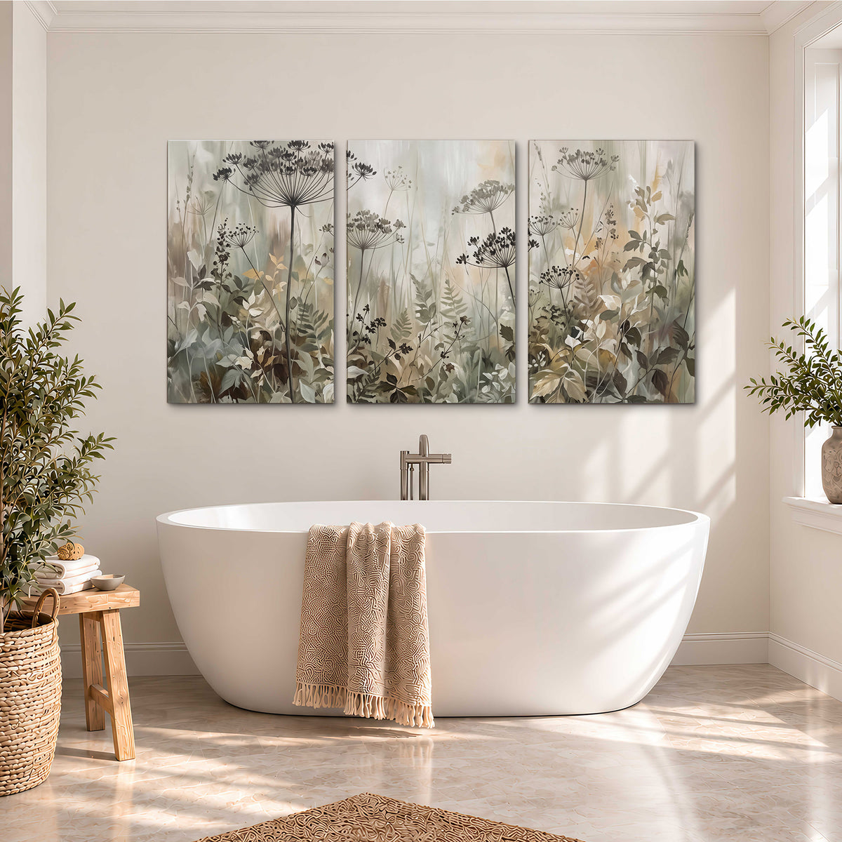 Fine wildflower seed heads and muted foliage in gray-green and cream 3 piece canvas wall art styled in an interior