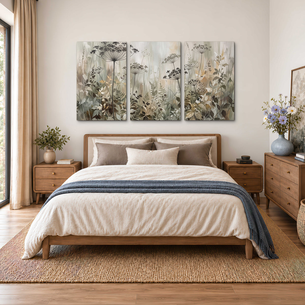 Fine wildflower seed heads and muted foliage in gray-green and cream 3 piece canvas wall art styled in an interior