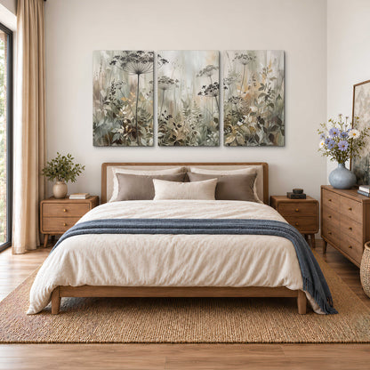 Fine wildflower seed heads and muted foliage in gray-green and cream 3 piece canvas wall art styled in an interior