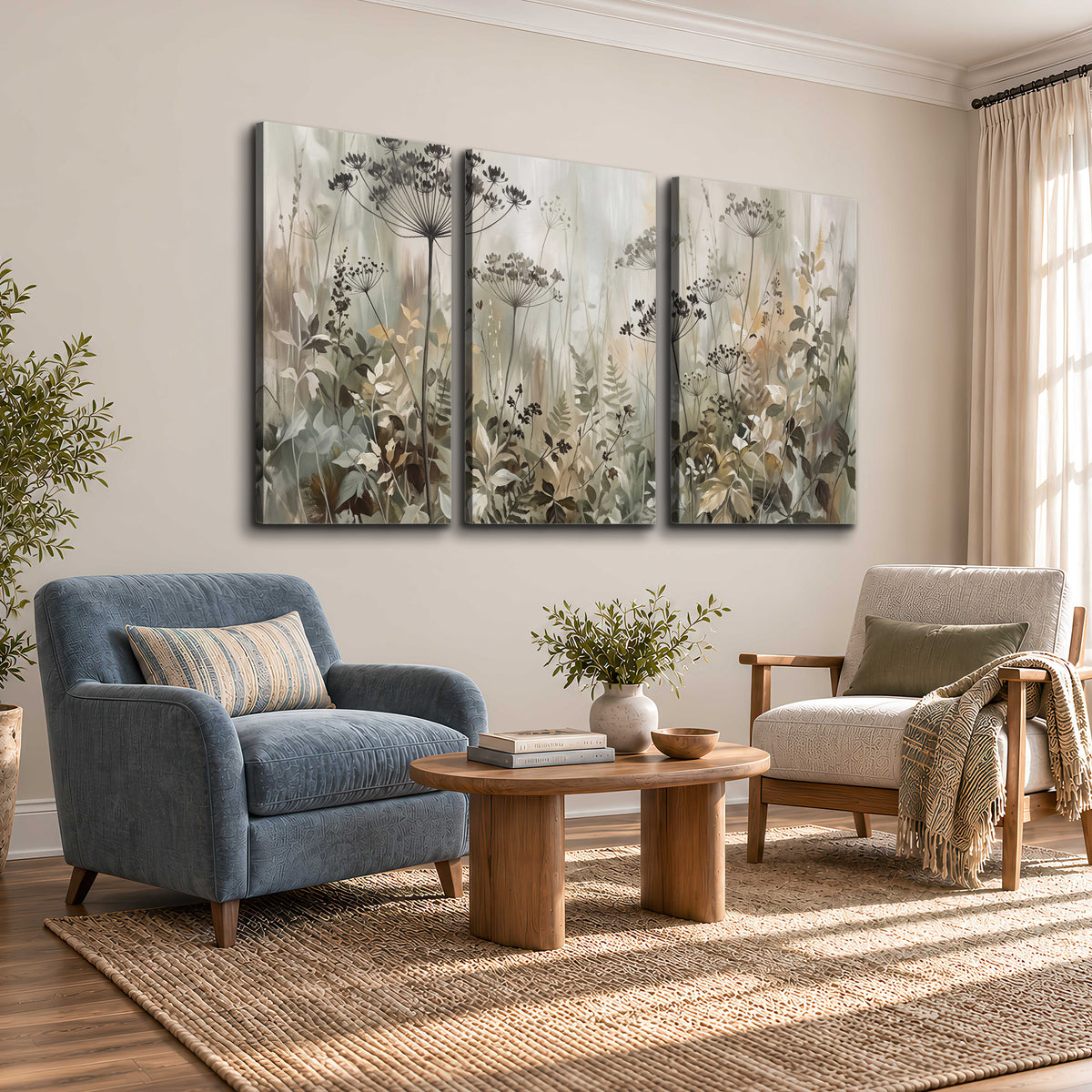Fine wildflower seed heads and muted foliage in gray-green and cream 3 piece canvas wall art styled in an interior