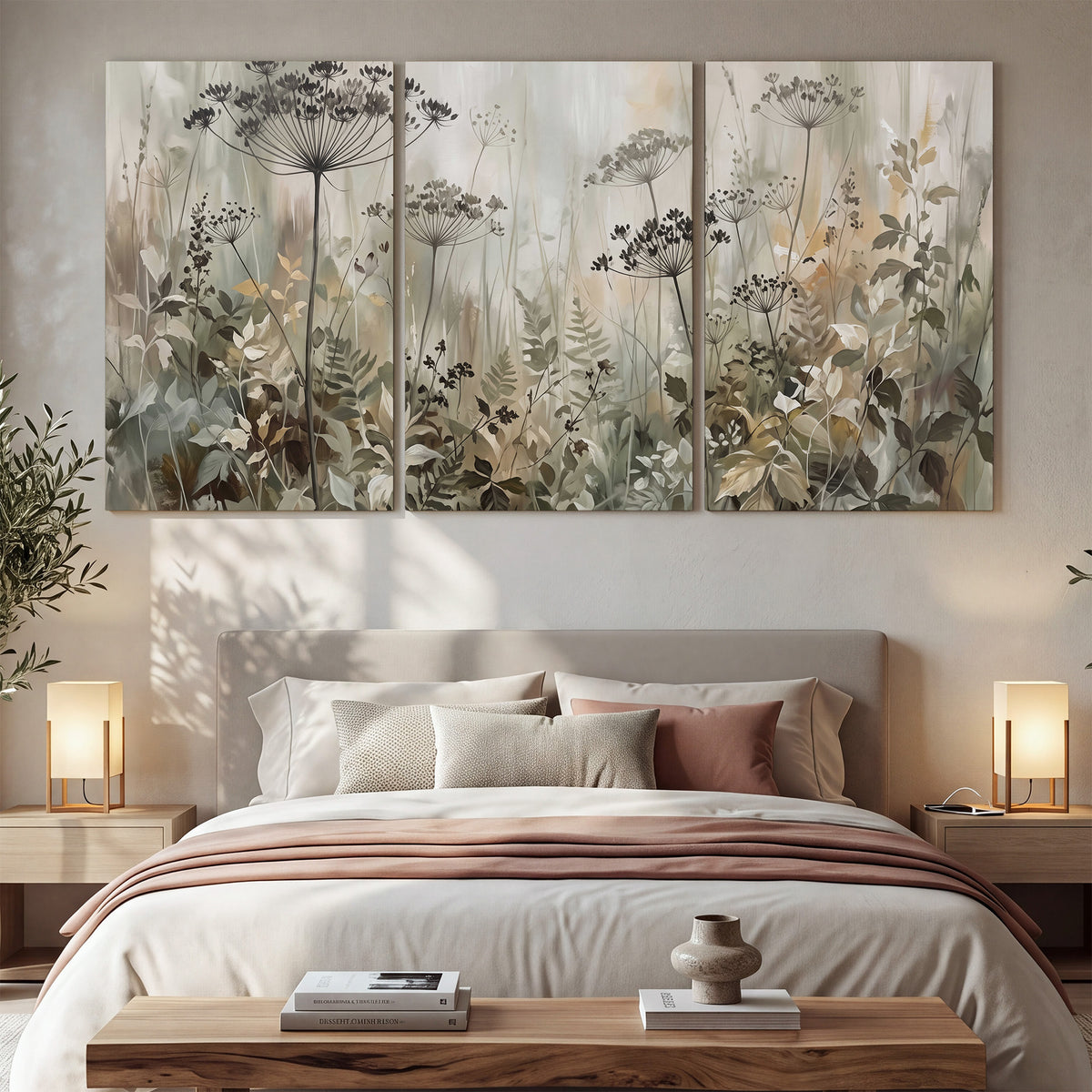Fine wildflower seed heads and muted foliage in gray-green and cream 3 piece canvas wall art displayed in a bedroom