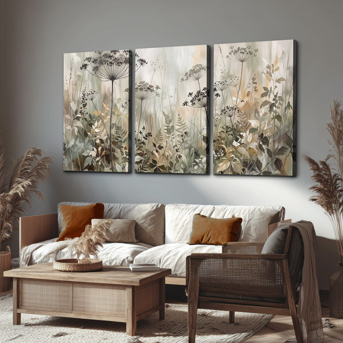 Fine wildflower seed heads and muted foliage in gray-green and cream 3 piece canvas wall art displayed in a rustic living room