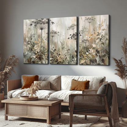 Fine wildflower seed heads and muted foliage in gray-green and cream 3 piece canvas wall art displayed in a rustic living room