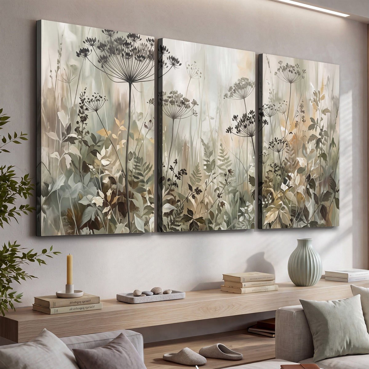 Fine wildflower seed heads and muted foliage in gray-green and cream 3 piece canvas wall art displayed in a console