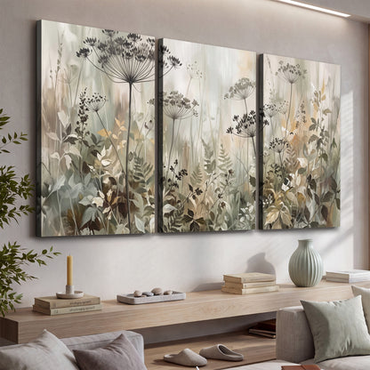 Fine wildflower seed heads and muted foliage in gray-green and cream 3 piece canvas wall art displayed in a console