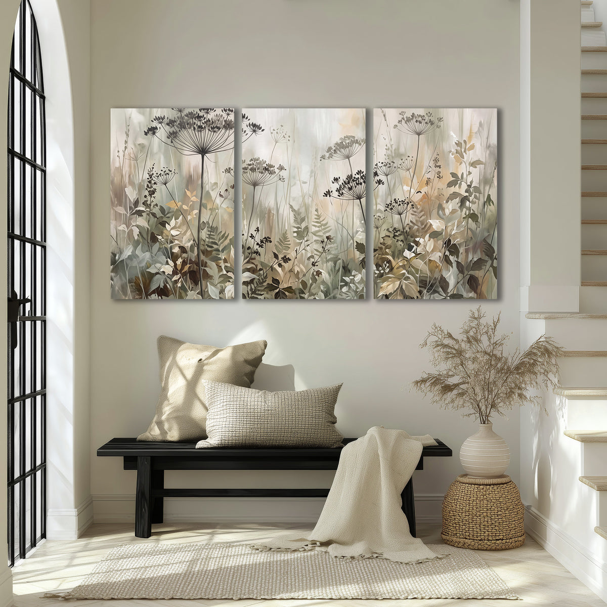 Fine wildflower seed heads and muted foliage in gray-green and cream 3 piece canvas wall art displayed in a entryway
