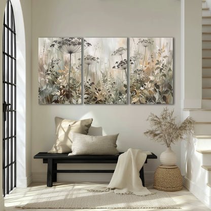 Fine wildflower seed heads and muted foliage in gray-green and cream 3 piece canvas wall art displayed in a entryway