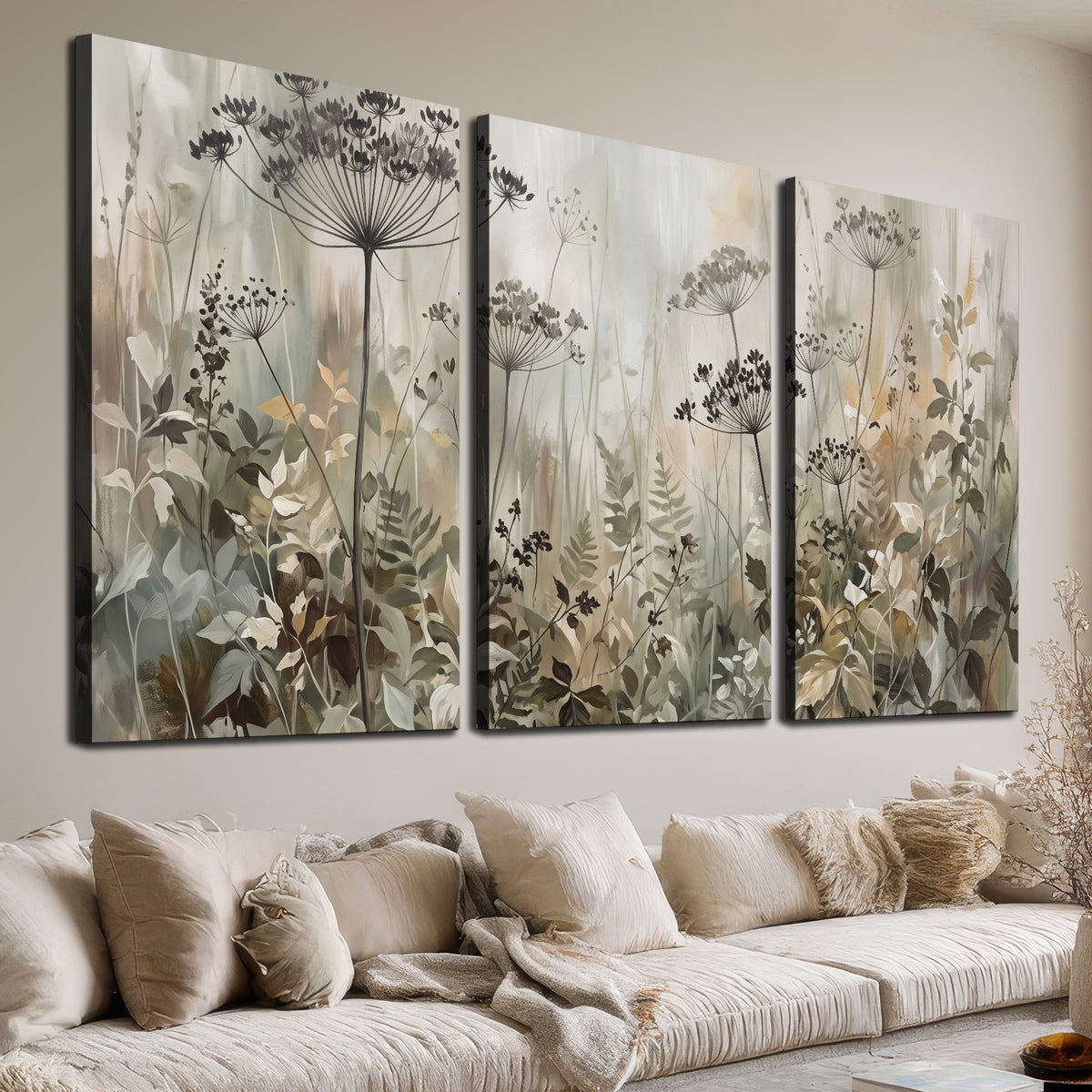 Fine wildflower seed heads and muted foliage in gray-green and cream 3 piece canvas wall art room and product view