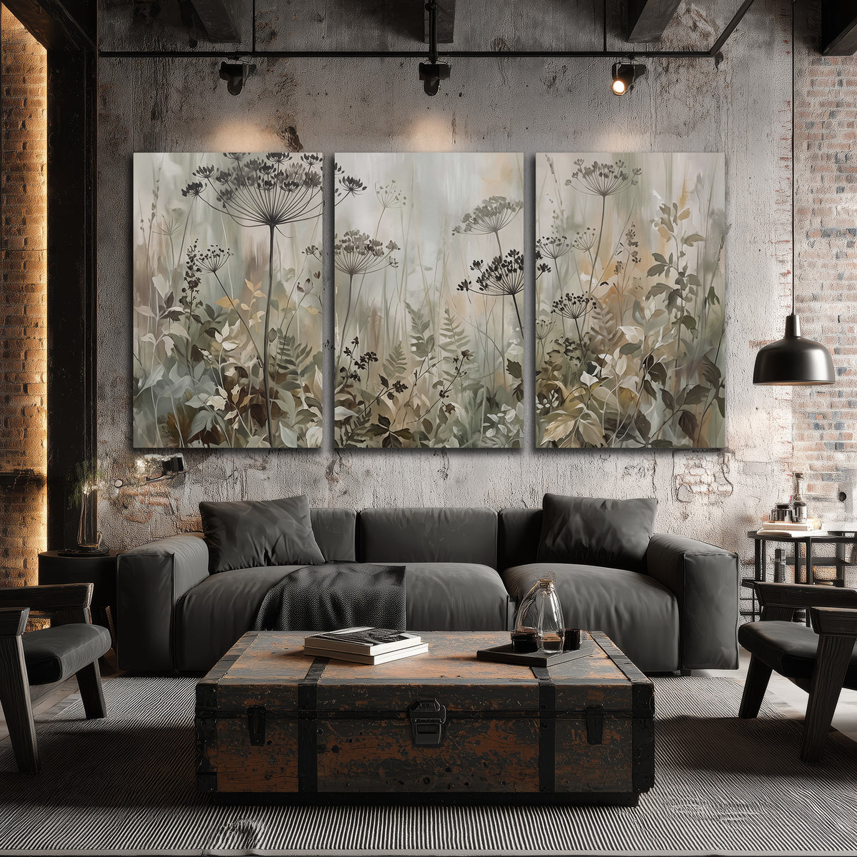 Fine wildflower seed heads and muted foliage in gray-green and cream 3 piece canvas wall art displayed in a industrial room