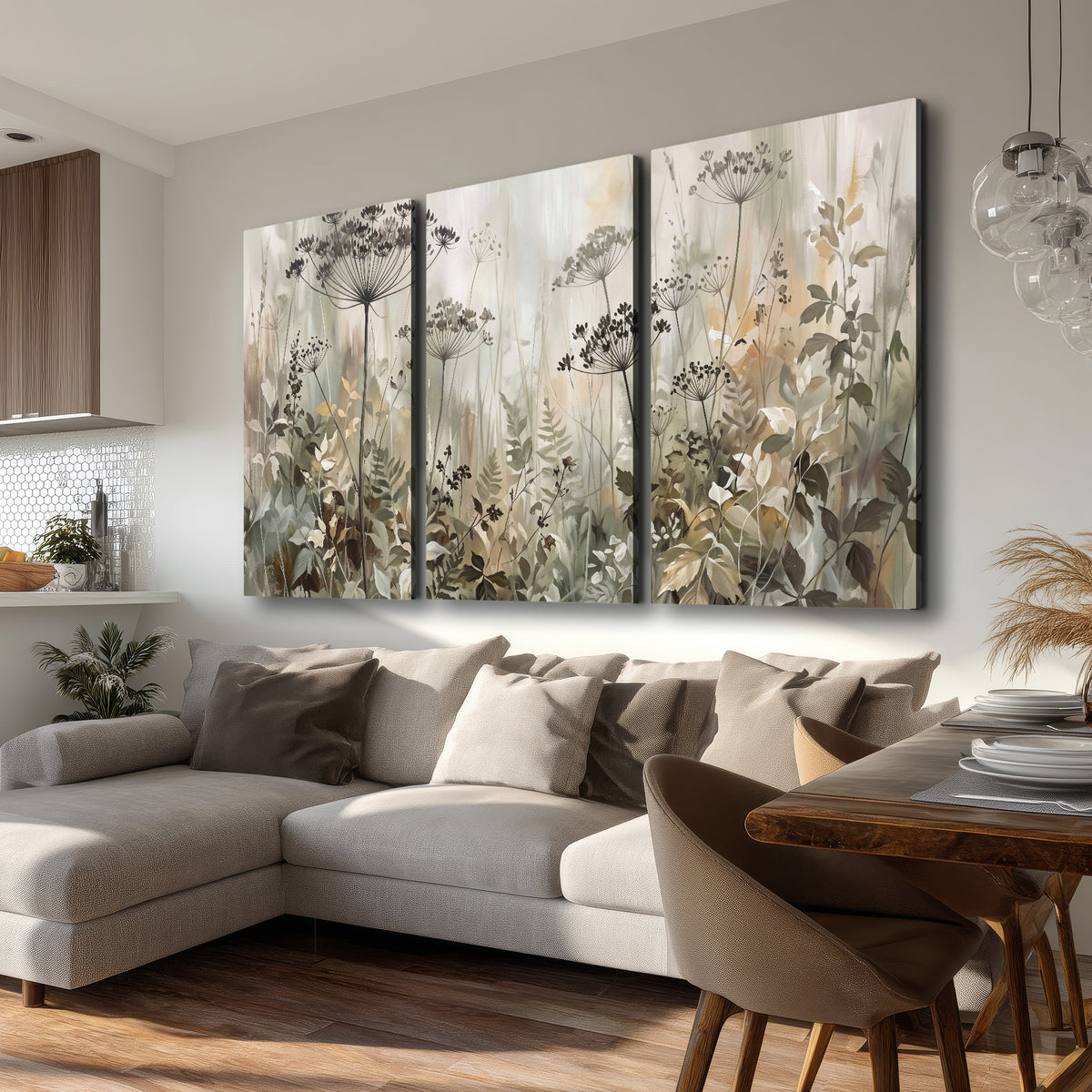 Fine wildflower seed heads and muted foliage in gray-green and cream 3 piece canvas wall art room and product view