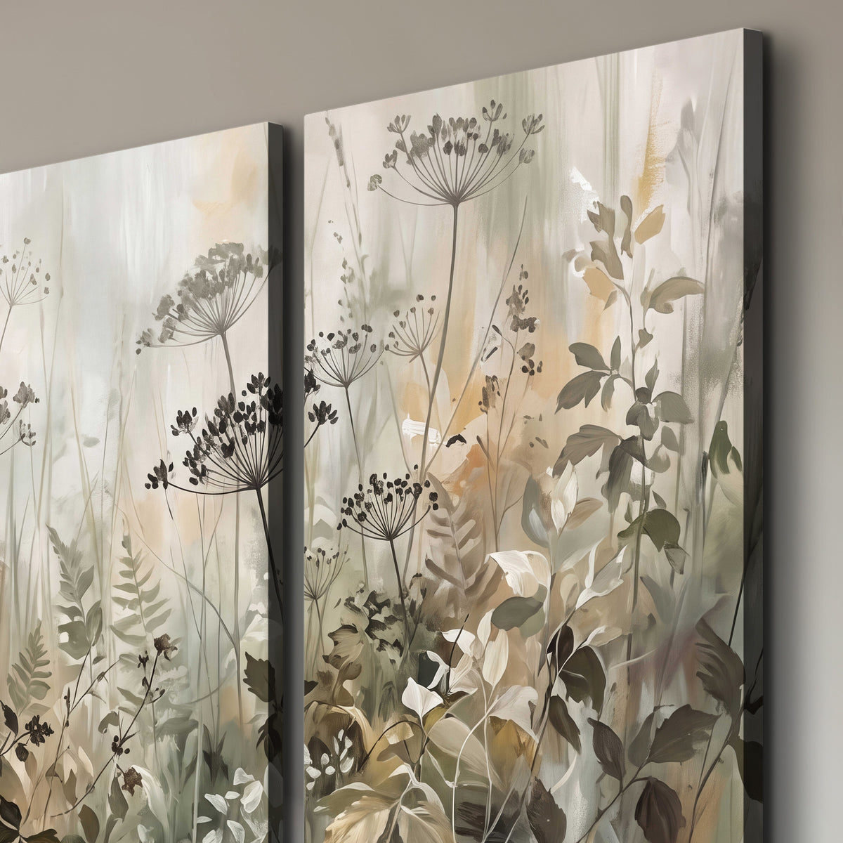 Fine wildflower seed heads and muted foliage in gray-green and cream 3 piece canvas wall art room and product view