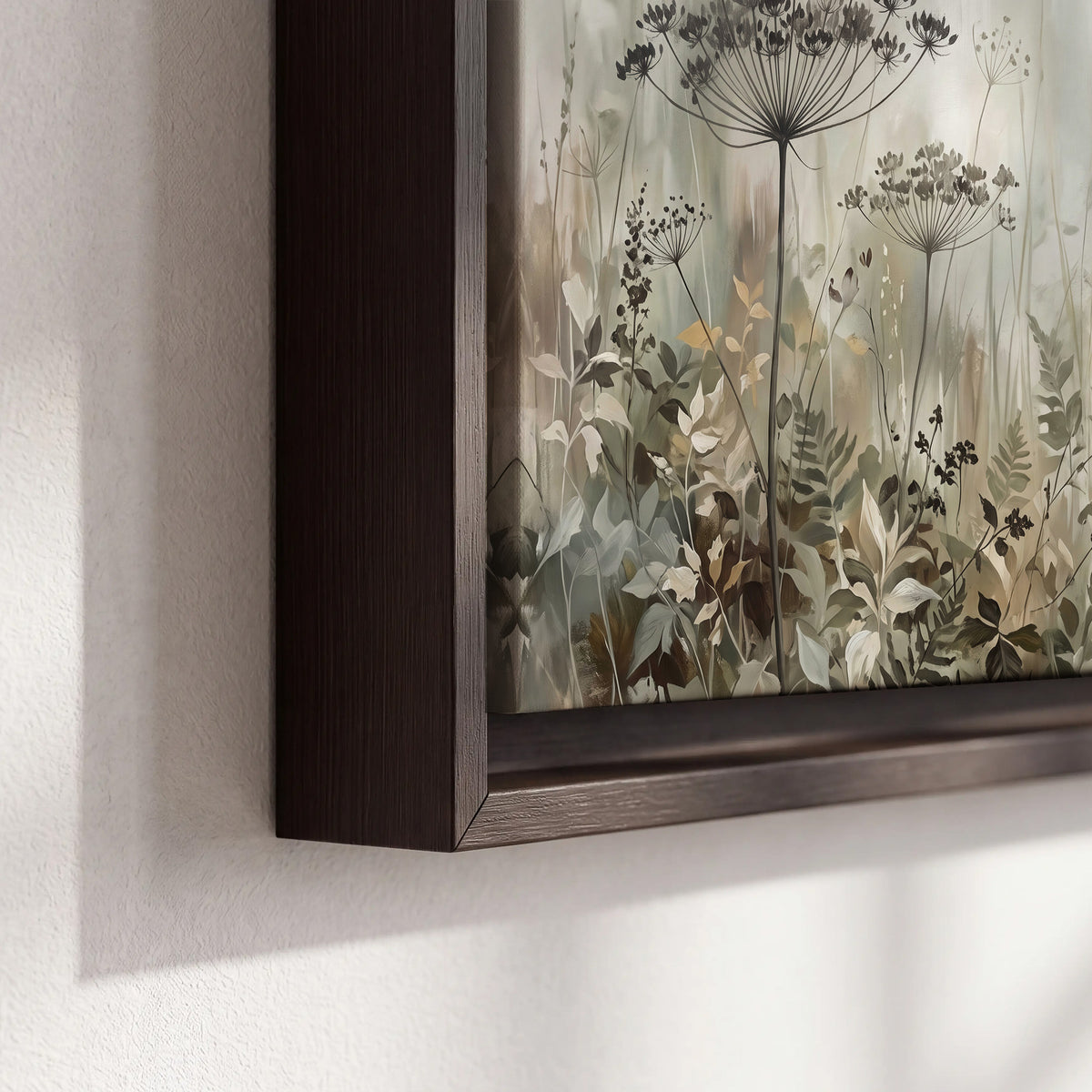 Fine wildflower seed heads and muted foliage in gray-green and cream 3 piece framed canvas wall art material and edge close up
