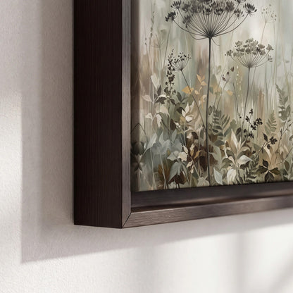 Fine wildflower seed heads and muted foliage in gray-green and cream 3 piece framed canvas wall art material and edge close up
