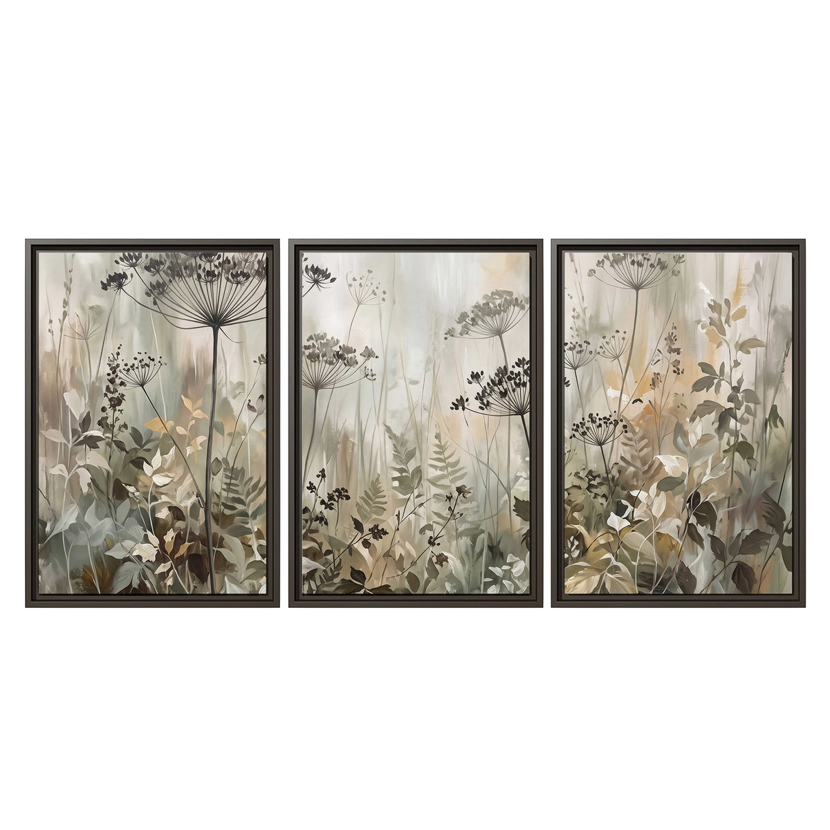 Fine wildflower seed heads and muted foliage in gray-green and cream 3 piece framed canvas wall art viewed straight on