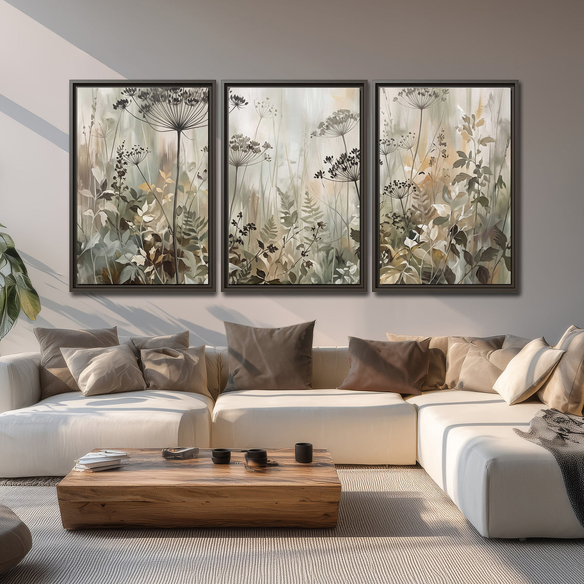 Fine wildflower seed heads and muted foliage in gray-green and cream 3 piece framed canvas wall art displayed in a living room