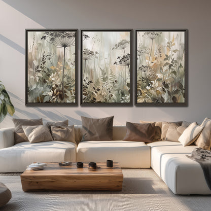 Fine wildflower seed heads and muted foliage in gray-green and cream 3 piece framed canvas wall art displayed in a living room