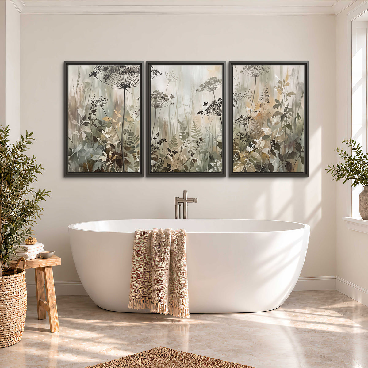 Fine wildflower seed heads and muted foliage in gray-green and cream 3 piece framed canvas wall art styled in an interior