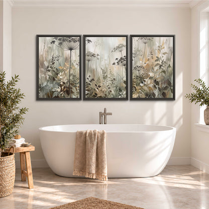 Fine wildflower seed heads and muted foliage in gray-green and cream 3 piece framed canvas wall art styled in an interior