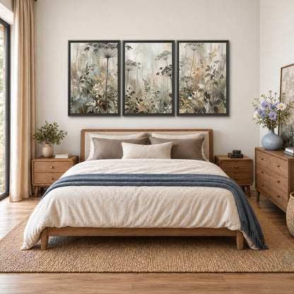 Fine wildflower seed heads and muted foliage in gray-green and cream 3 piece framed canvas wall art styled in an interior