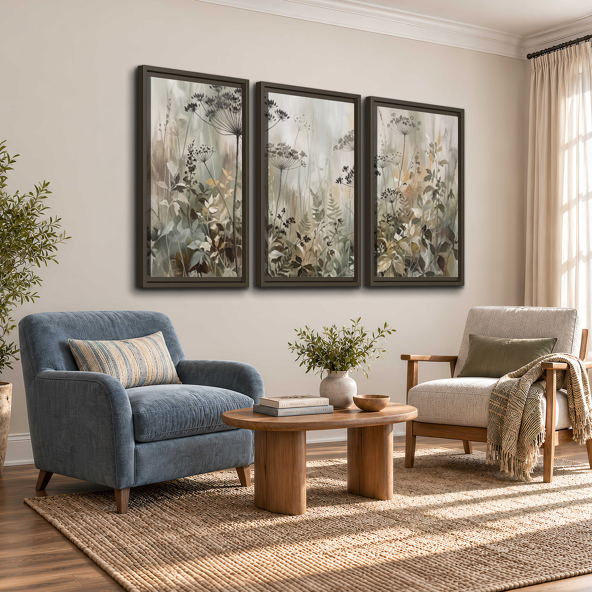 Fine wildflower seed heads and muted foliage in gray-green and cream 3 piece framed canvas wall art styled in an interior