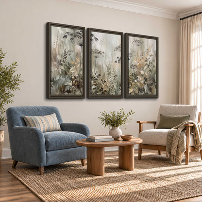 Fine wildflower seed heads and muted foliage in gray-green and cream 3 piece framed canvas wall art styled in an interior