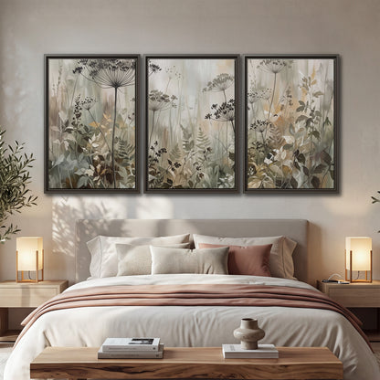 Fine wildflower seed heads and muted foliage in gray-green and cream 3 piece framed canvas wall art displayed in a bedroom