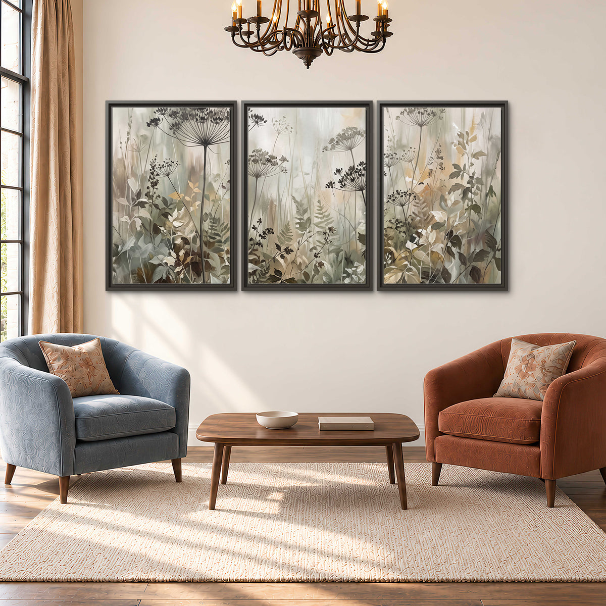 Fine wildflower seed heads and muted foliage in gray-green and cream 3 piece framed canvas wall art styled in an interior