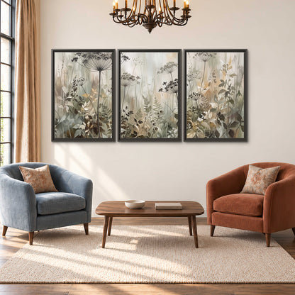 Fine wildflower seed heads and muted foliage in gray-green and cream 3 piece framed canvas wall art styled in an interior