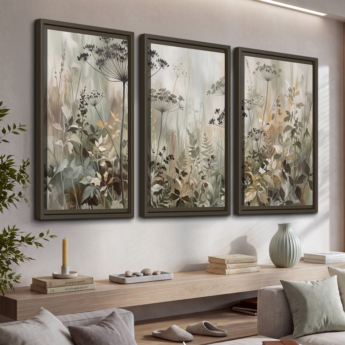 Fine wildflower seed heads and muted foliage in gray-green and cream 3 piece framed canvas wall art displayed in a console
