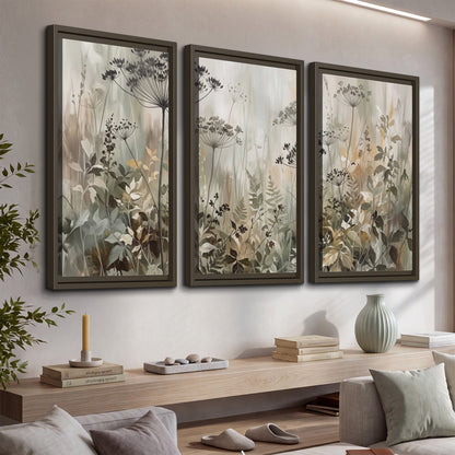 Fine wildflower seed heads and muted foliage in gray-green and cream 3 piece framed canvas wall art displayed in a console