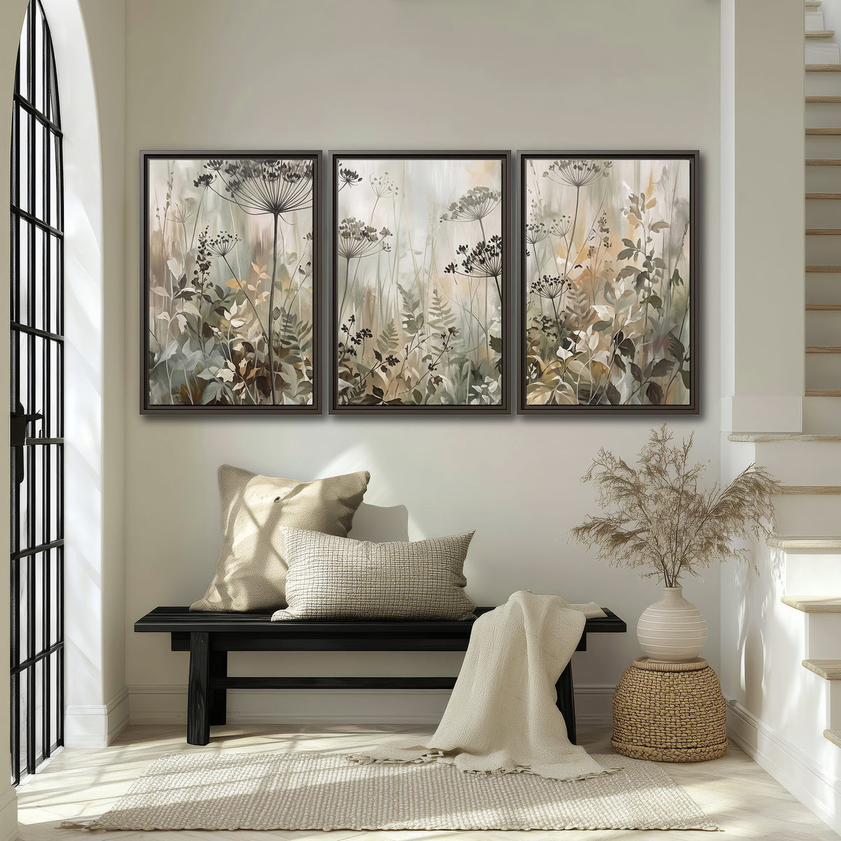 Fine wildflower seed heads and muted foliage in gray-green and cream 3 piece framed canvas wall art displayed in a entryway