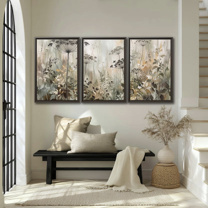 Fine wildflower seed heads and muted foliage in gray-green and cream 3 piece framed canvas wall art displayed in a entryway