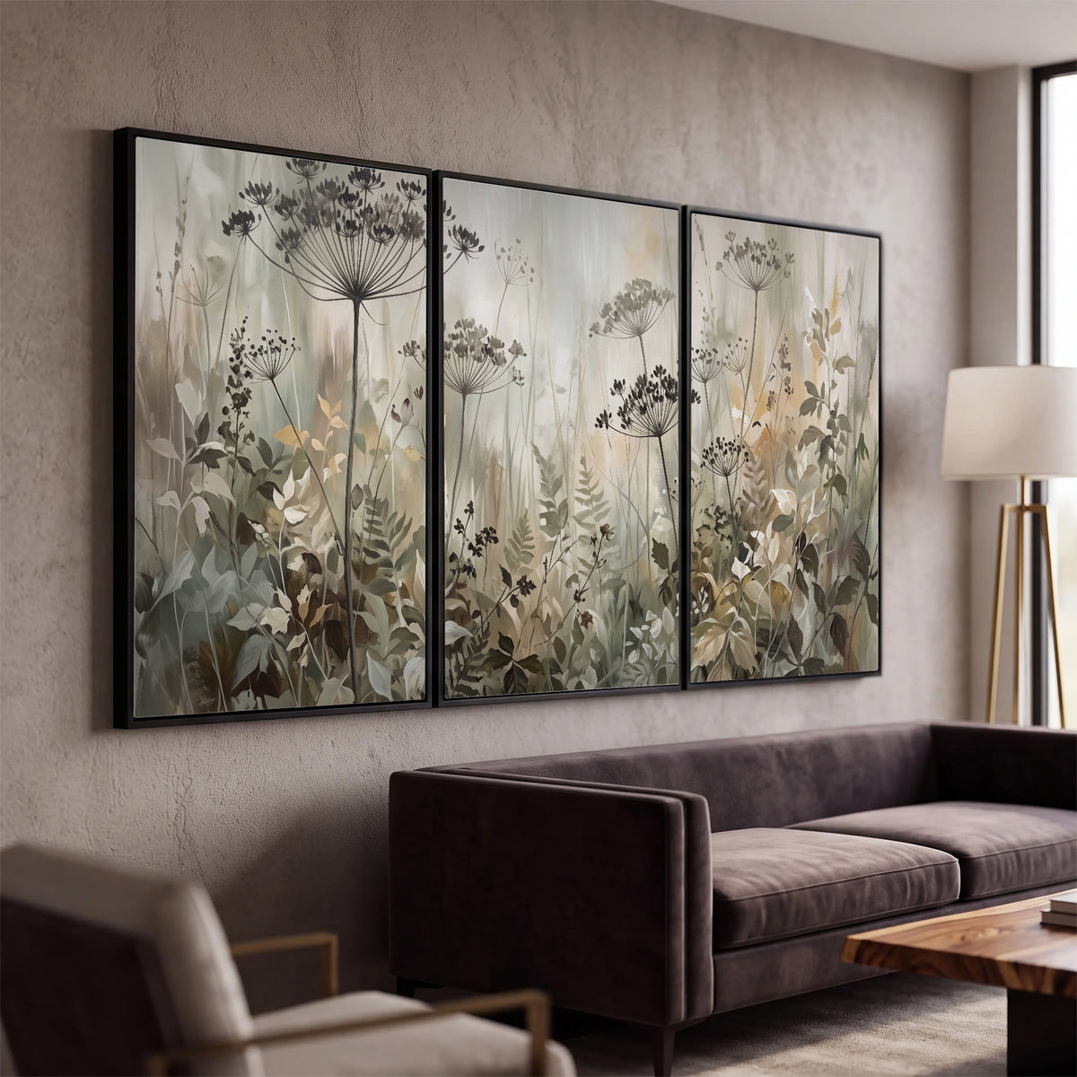 Fine wildflower seed heads and muted foliage in gray-green and cream 3 piece framed canvas wall art displayed in a modern living room