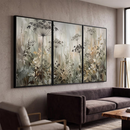 Fine wildflower seed heads and muted foliage in gray-green and cream 3 piece framed canvas wall art displayed in a modern living room