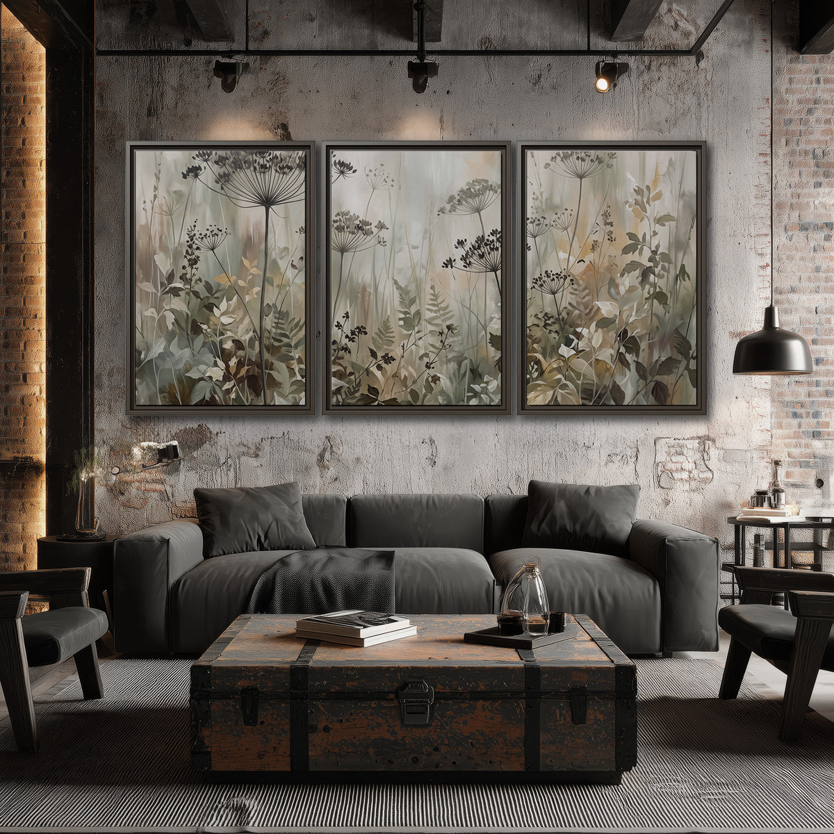 Fine wildflower seed heads and muted foliage in gray-green and cream 3 piece framed canvas wall art displayed in a industrial room
