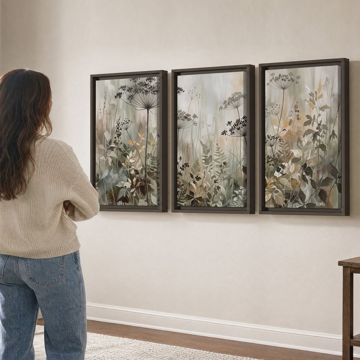 Fine wildflower seed heads and muted foliage in gray-green and cream 3 piece framed canvas wall art three panel arrangement on a wall