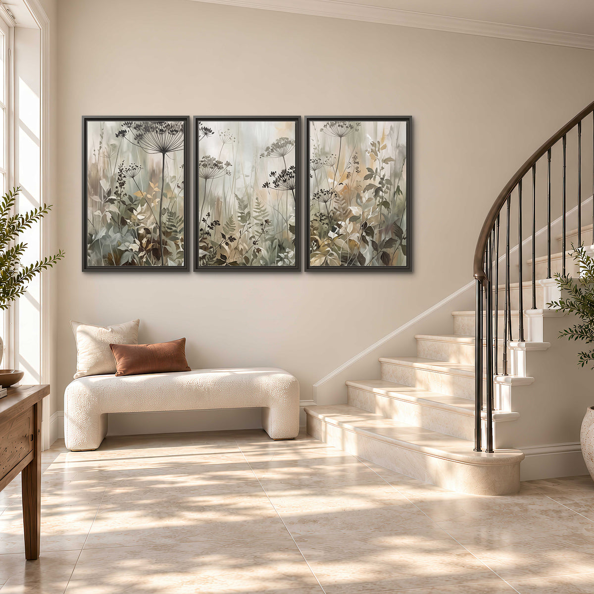 Fine wildflower seed heads and muted foliage in gray-green and cream 3 piece framed canvas wall art styled in an interior