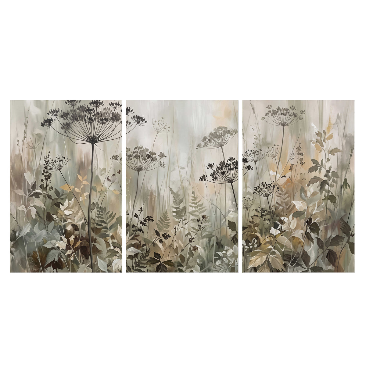 Fine wildflower seed heads and muted foliage in gray-green and cream set of 3 poster prints viewed straight on